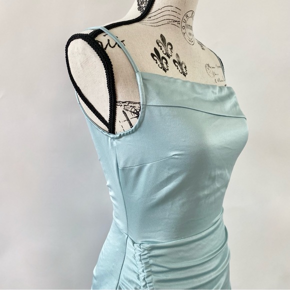 NWT Missguided Satin One Shoulder Asymmetric Ruched Side Midi Dress Blue 2 - Picture 4 of 16